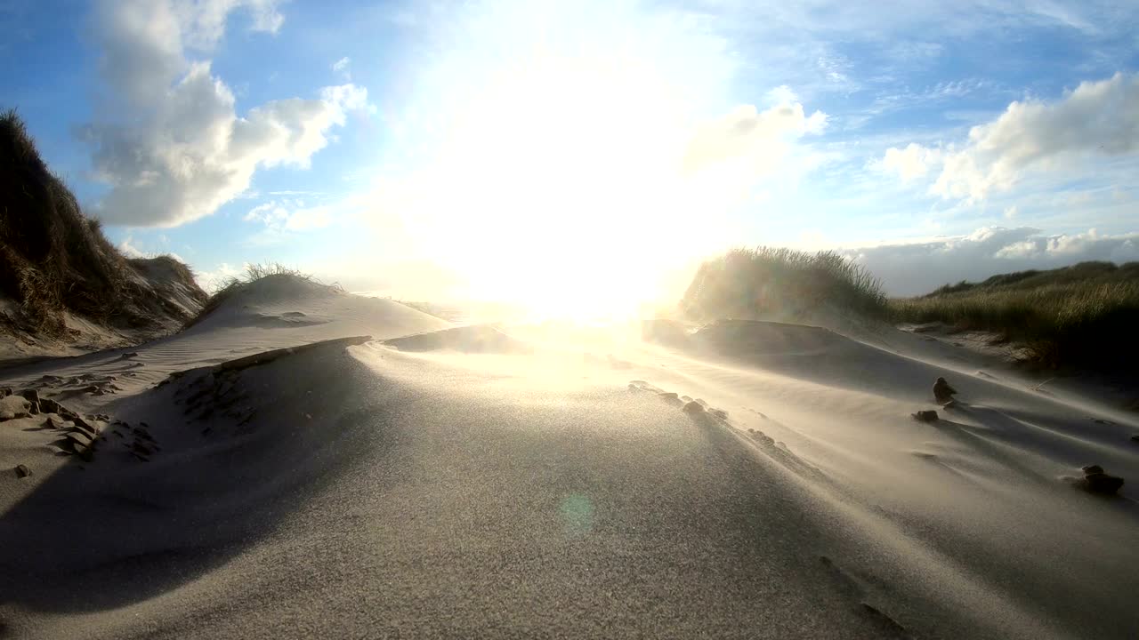 dunas de arena con hierba de dunas en la tormenta del mar del norte, dunas de senderismo, protección de diques, sondervig, jutlandia, dinamarca, 4k