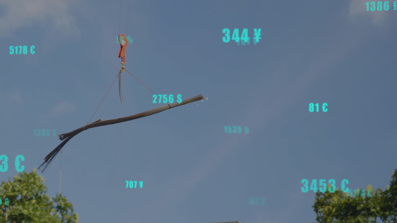 클라우드와 함께 크레인과 하늘 위의 데이터 처리의 애니메이션