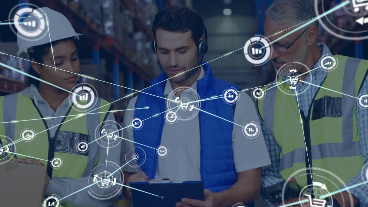 animación de la red de conexiones con iconos sobre diversos trabajadores en el almacén