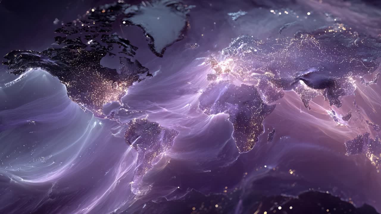 Stylized Earth view from space at night showing city lights and abstract purple energy streams connecting continents, symbolizing global data, communication, and technological connections
