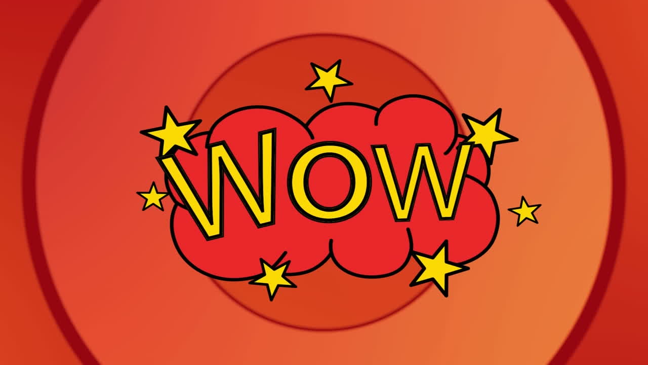 다채로운 움직이는 그래픽의 애니메이션과 빨간 바탕에 와우 텍스트