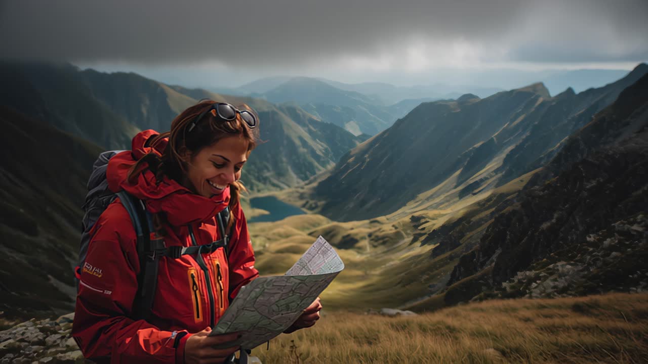 Outdoor travel footage of a smiling woman hiker in red jacket holding a paper map on a windy mountain ridge, with rugged peaks, lake and cloudy sky in background