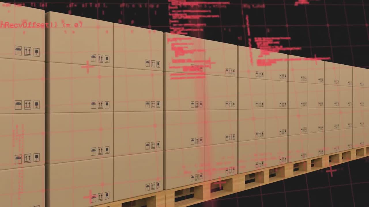 컨베이어 벨트에 있는 배달 상자에 대한 그리드 네트워크를 통해 데이터 처리의 애니메이션