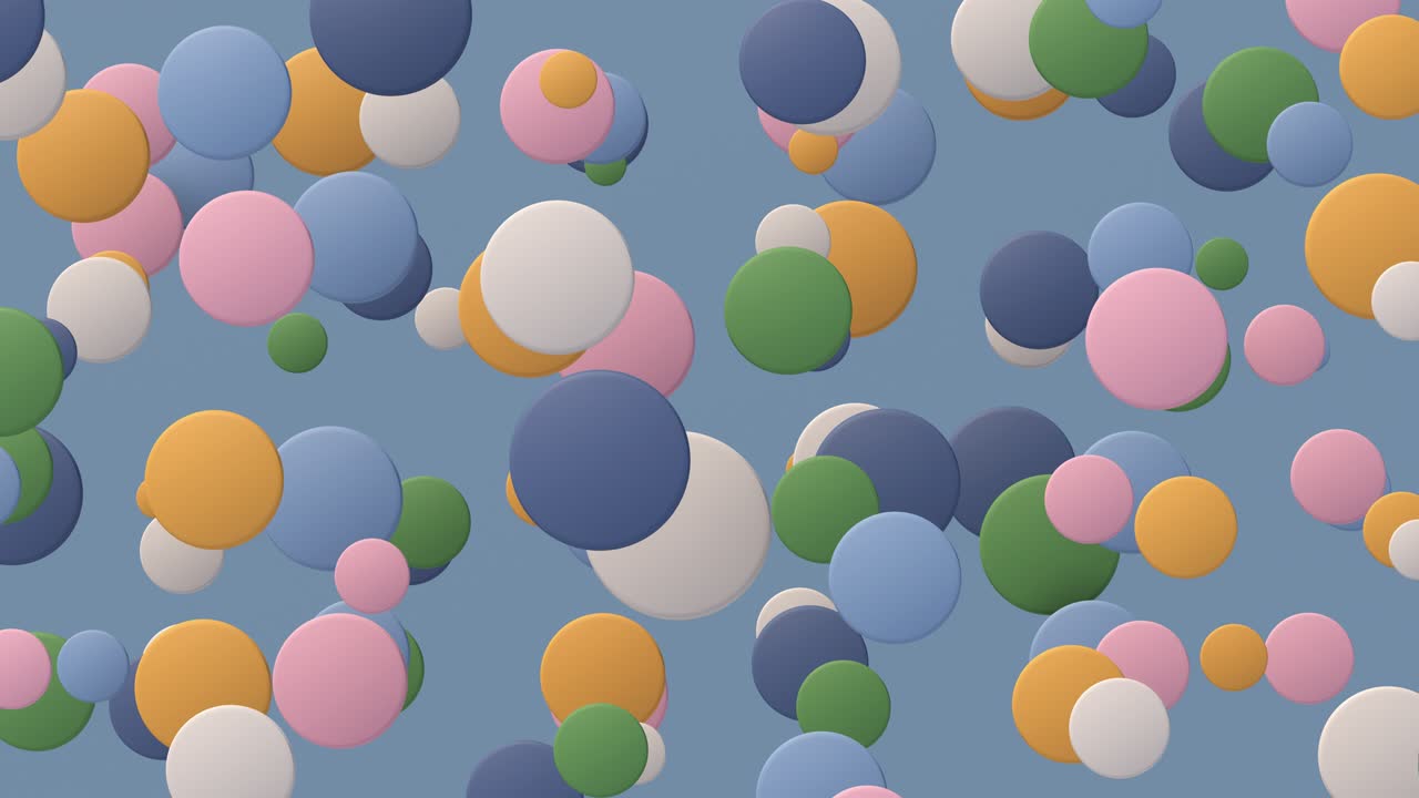 Group of colorful circles, blue background. Abstract animation, 3d render.