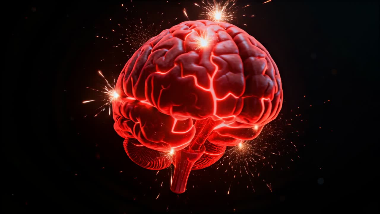 Rotating red brain model in dark void after cortex sparks firing, revealing top via lit grooves