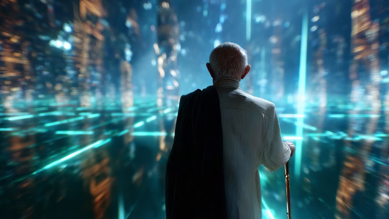 An elderly figure stands poised at the forefront of a futuristic digital landscape, with glowing lights and towering structures that evoke a sense of wonder and exploration, symbolizing the intersection of past wisdom and future technology