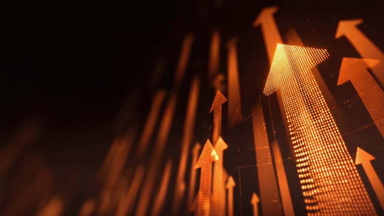 Numerous orange glowing digital arrows moving upwards on a dark background, representing concepts like business growth, financial success, stock market improvement, and positive development