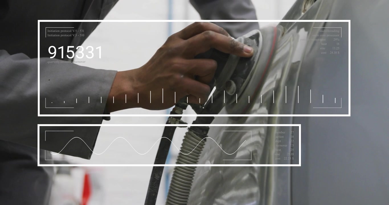 Tech placing sander pad, making short passes on car panel for paint, HUD syncing numeric readouts