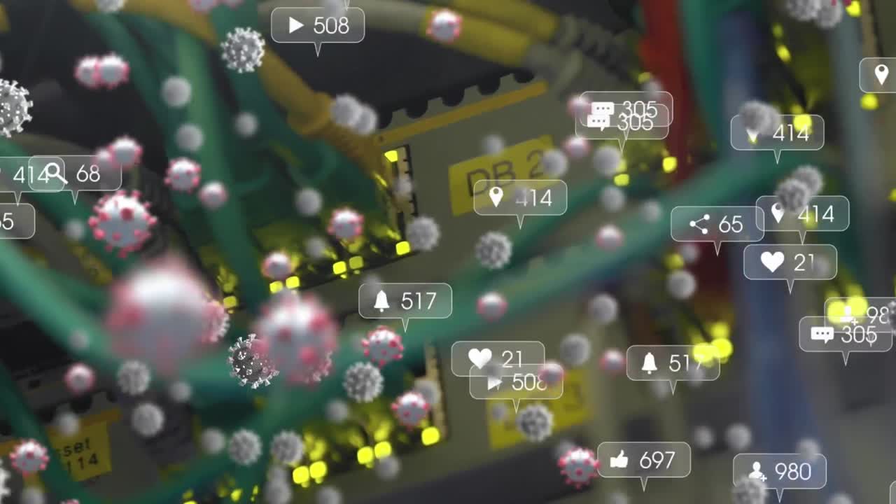 여러 코로나19 세포와 디지털 아이콘이 컴퓨터 서버의 클로즈업에 대해 증가하는 숫자를 나타 ⁇ 니다.