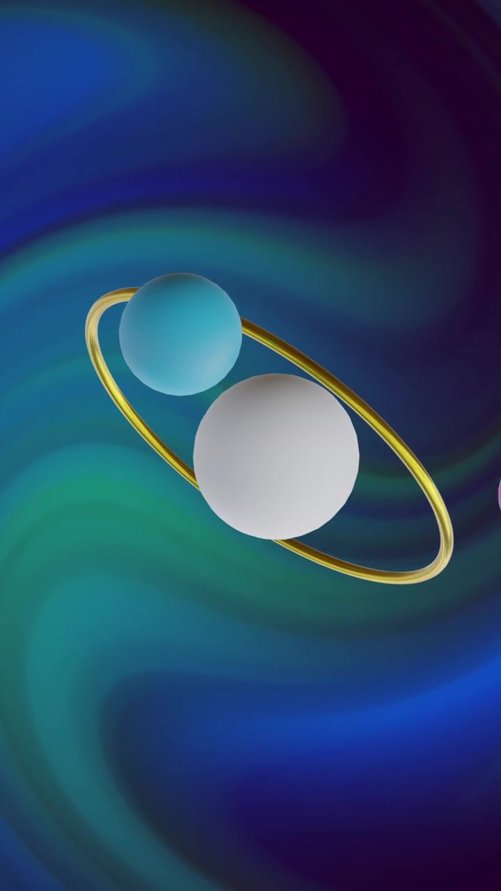 Sfere e anello che ruotano su luci verdi e blu luminose su sfondo nero.