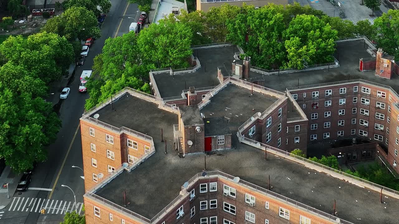 Aerial view of urban buildings in New York captured by drone