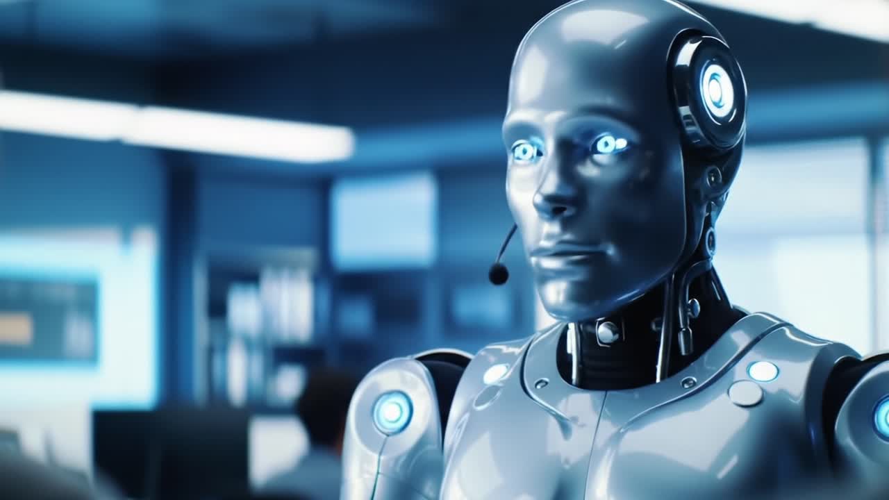 An Advanced Robotic Assistant Engages in Conversation, Showcasing Futuristic Design and Technology in a Modern Office Environment