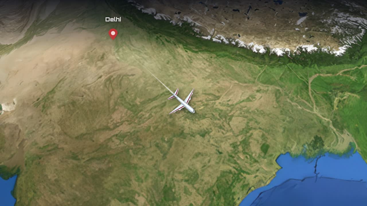 Satellitvisningsanimation følger et kommercielt fly, der flyver fra Delhi til Kuala Lumpur over Asien