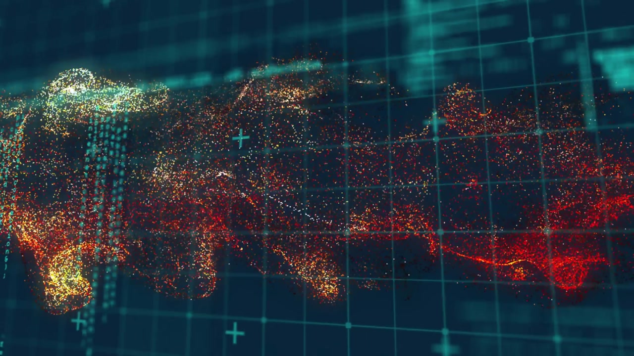 Opening teal grid, data cloud appearing left and moving right, cascading code visualizing data flow