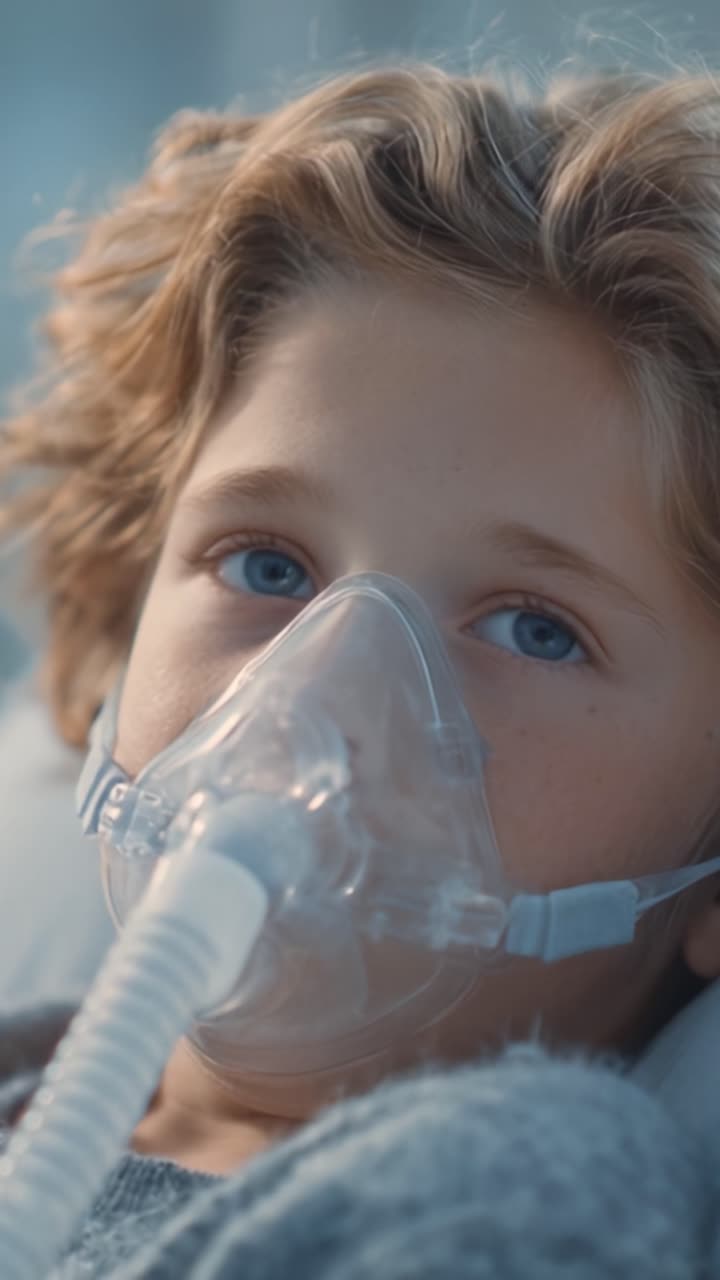 Un giovane paziente con un respiratore medico in un ambiente ospedaliero, sottolineando l'importanza dell'assistenza sanitaria e della cura del paziente durante la malattia.