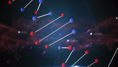 animación de líneas púrpuras y hebra de adn sobre una red de conexiones