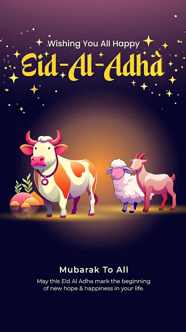 Animazione verticale di auguri per l'Eid al-Adha con personaggi di mucca, pecora e capra, sfondo luminoso e design del messaggio festivo