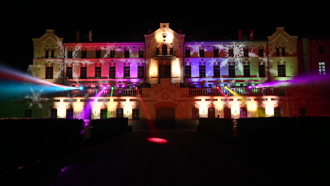Flashing lights on the facade of the Mimi Castle Winery in Bulboaca, Moldova