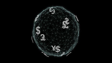 Animation-of-globe-of-connections-with-currency-symbols-on-black-background