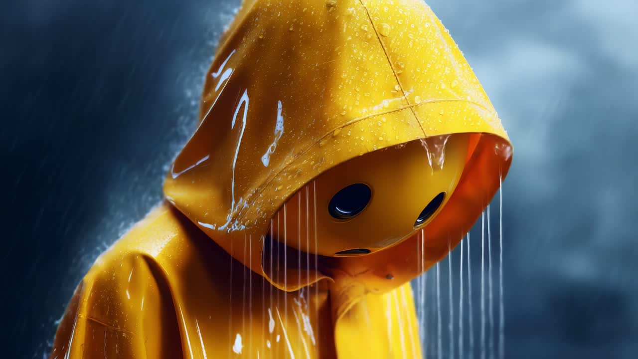 Samotna postać w jaskrawożółtym płaszczu przeciwdeszczowym stoi w deszczu, uosabiając poczucie melancholii i introspekcji w pięknie nastrojowej atmosferze, wypełnionej kaskadowymi kroplami.