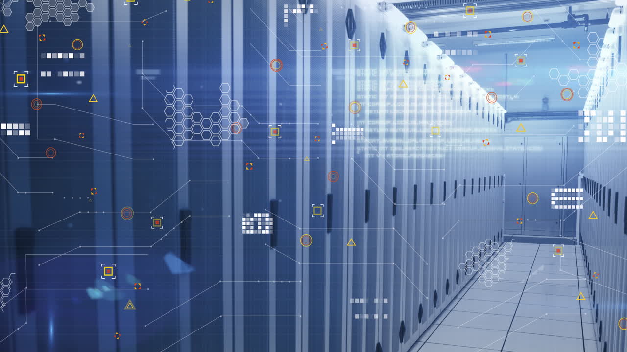 Animation of data processing and light spot against computer server room
