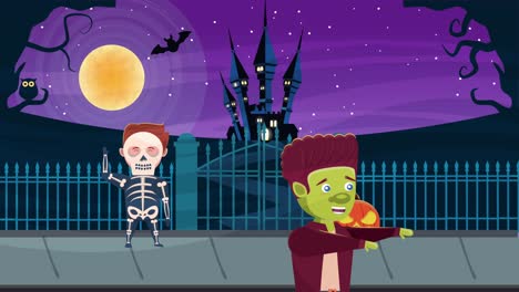 feliz escena animada de halloween con niños disfrazados y castillo en el cementerio