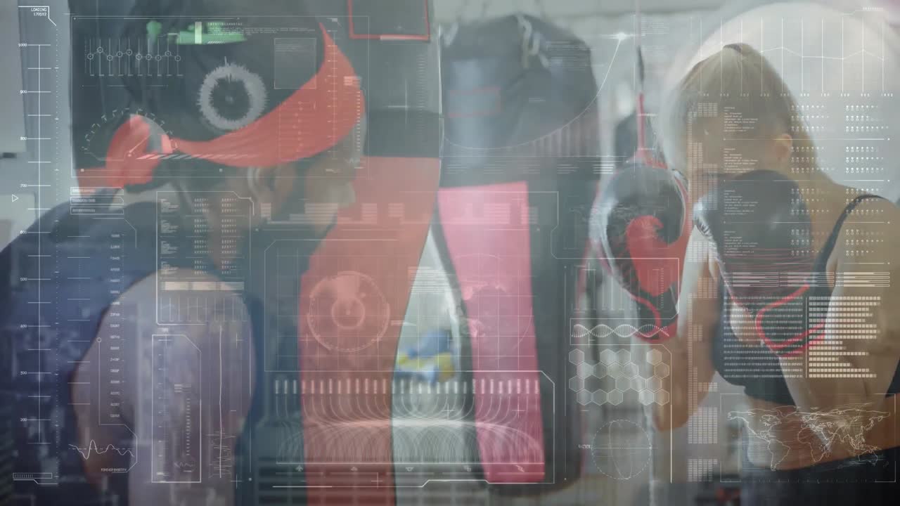 Data processing over caucasian female boxer with male trainer practicing her punches on punching bag