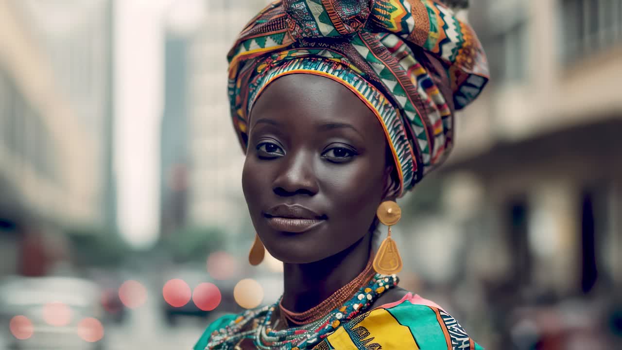 African model wearing traditional attire and jewelry standing confidently in urban environment, radiating cultural elegance with serene gaze and poised demeanor