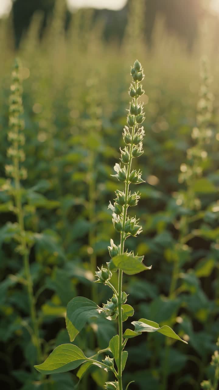 Angolazione video ravvicinata di una pianta alta in un campo, che mostra la sua crescita verticale e le foglie delicate.