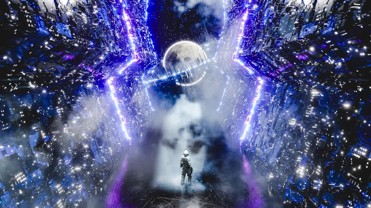 Astronaut in spaceship admiring moon with scifi ring