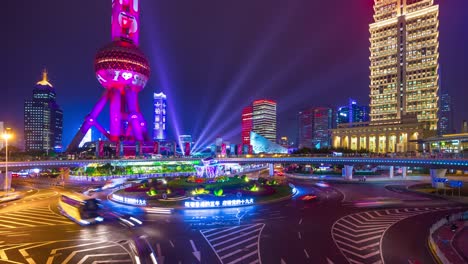 night illuminated shanghai famous pearl oriental tower traffic circle panorama 4k time lapse china