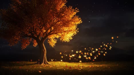an enchanting night with a brilliantly illuminated tree surrounded by twinkling stars and cascading autumn leaves dancing in the gentle breeze