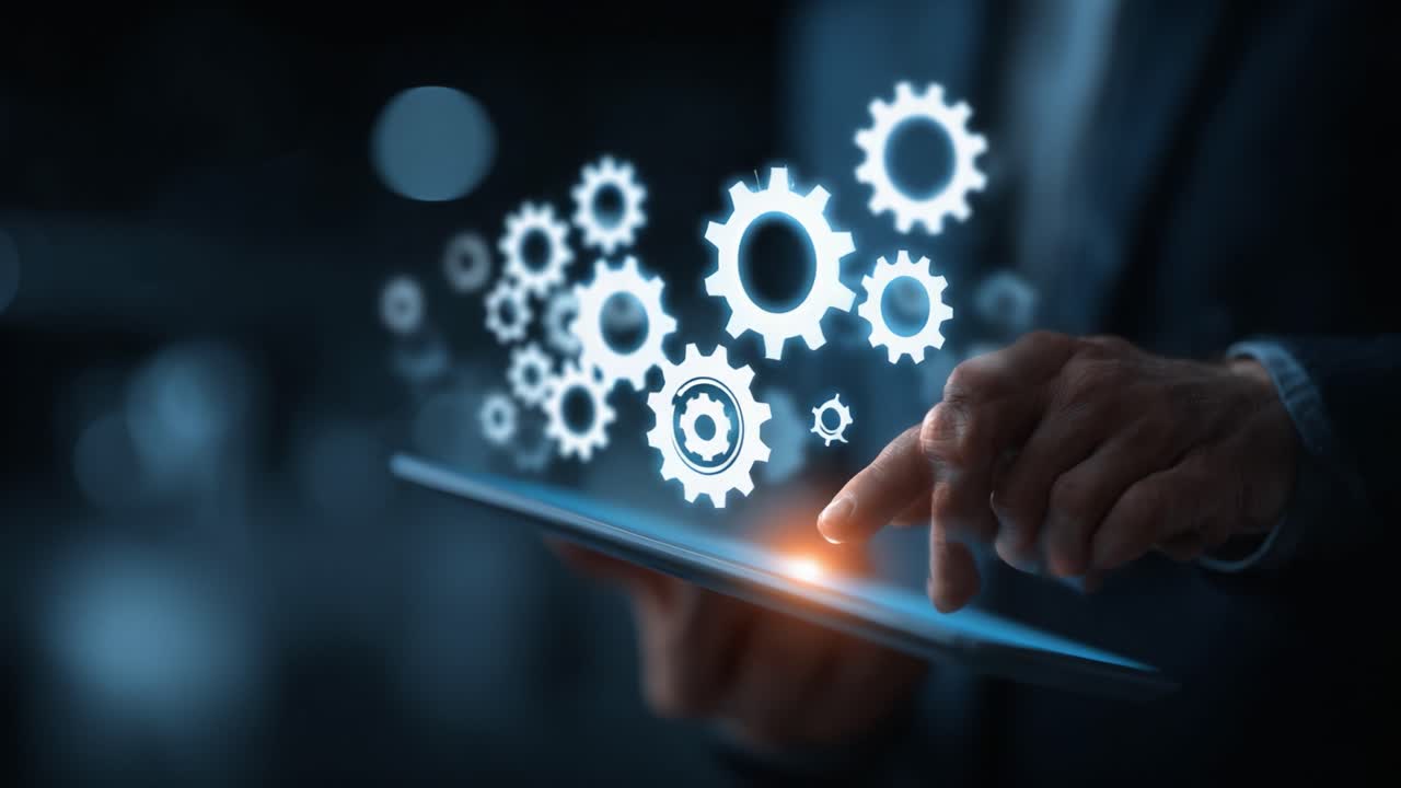 Exploring Innovative Solutions: A Close-Up on a User Interacting with a Digital Tablet, Highlighting Mechanical Gears and Technology Integration