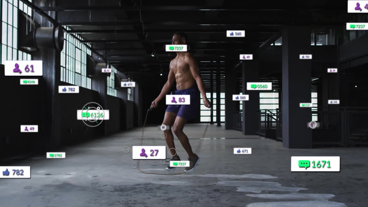 Animation of social media icons with growing numbers over african american man skipping