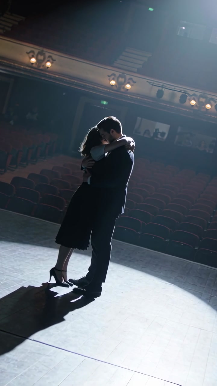 Vertical video: Facing each other, couple acting, embracing onstage in spotlight suit dress heels