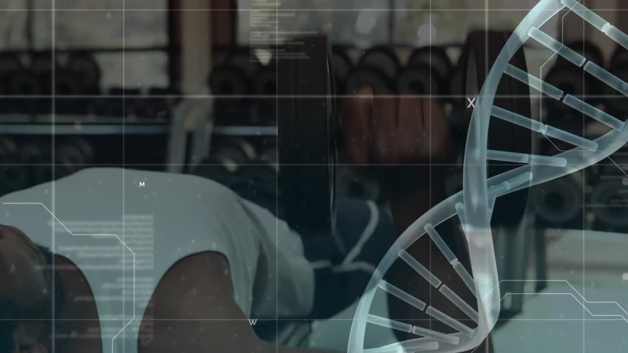 Animation of data processing and dna strand over african american man lifting barbell on gym