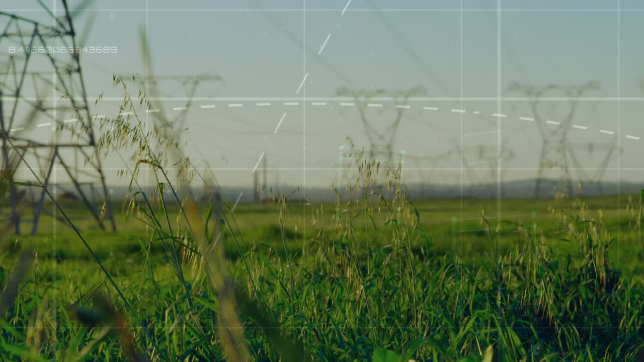 animación del procesamiento de datos sobre el paisaje con torres eléctricas