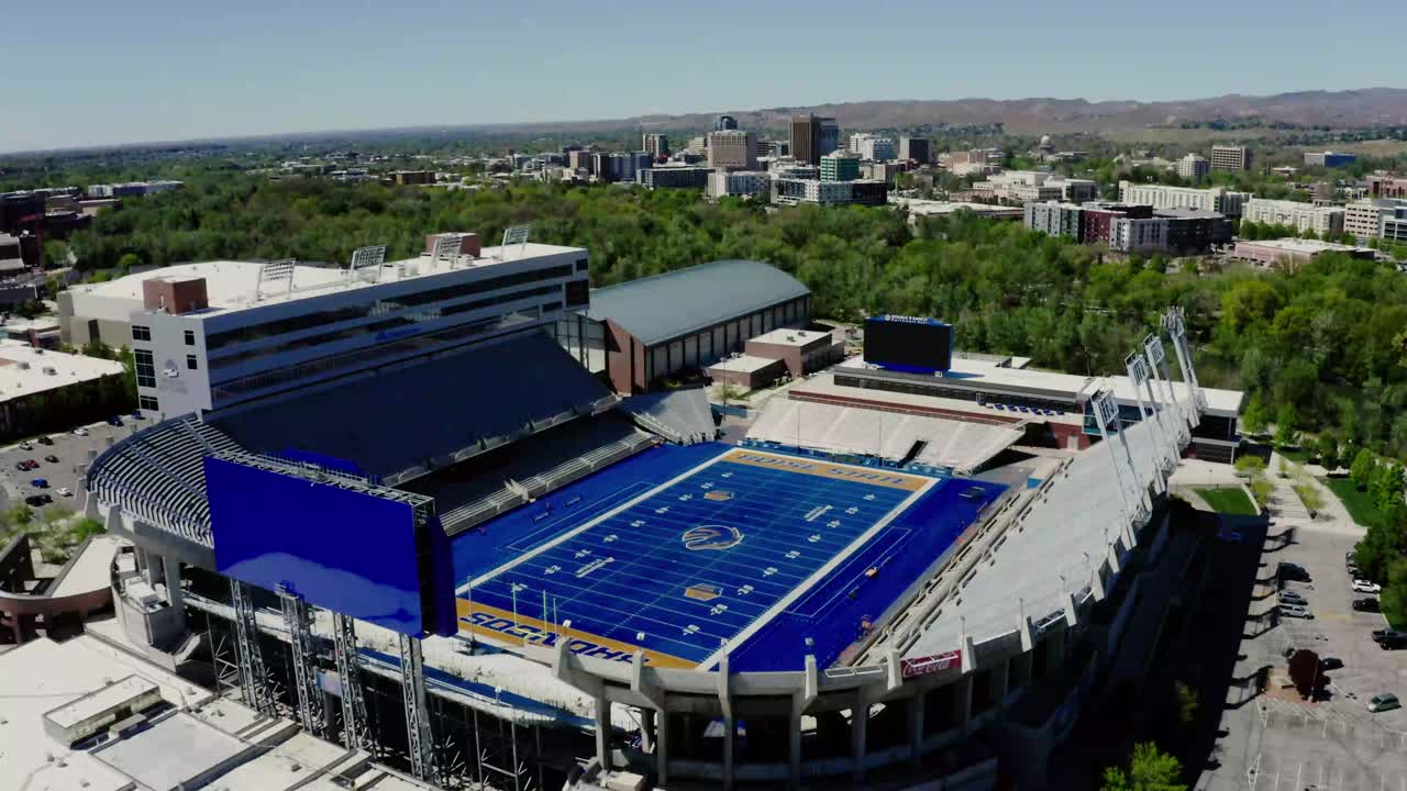 Drone shot pulling away from Boise State University's football stadium.