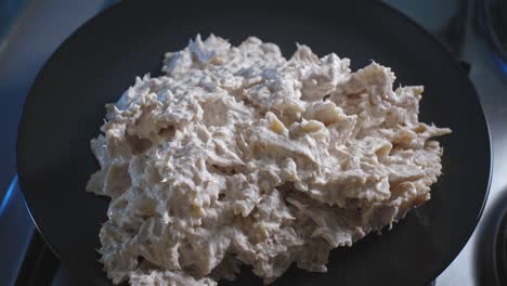 serving of nutritious tuna pasta with cheese and mayo in a plate