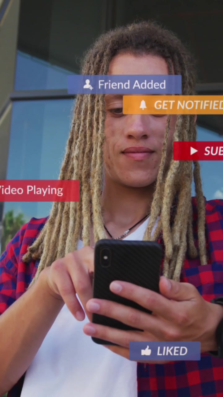 Animation of social media icons with texts over man using smartphone