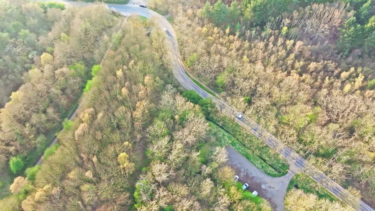 Road through autumn forest with vehicles, aerial view, Netherwood Country Park, UK
