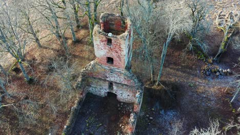 Aerial-view-of-old-abandoned-church-bell-tower-ruins-hole-among-bare-tree