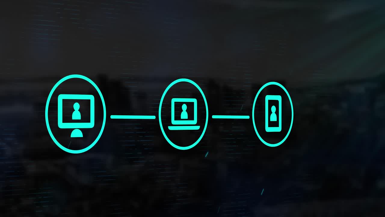 Network of digital icon against cityscape