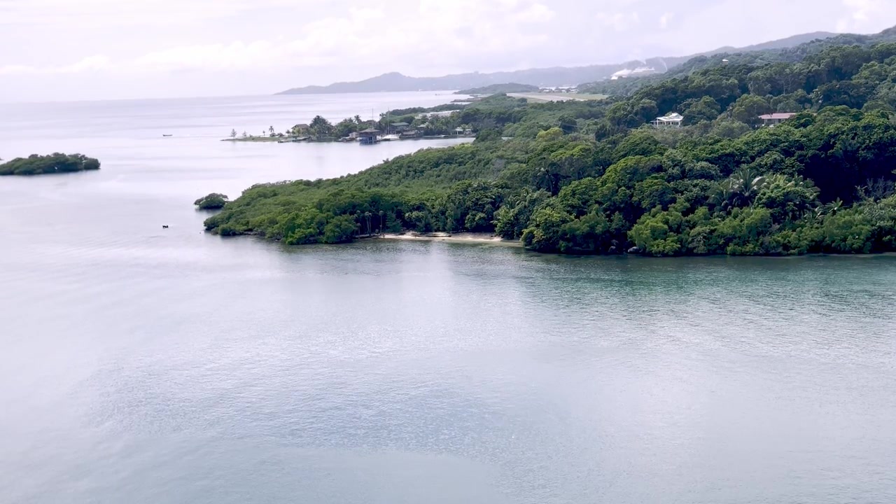 Il tranquillo porto di Roatan in Honduras mostra una costa verde lussureggiante e un paesaggio tropicale della baia caraibica