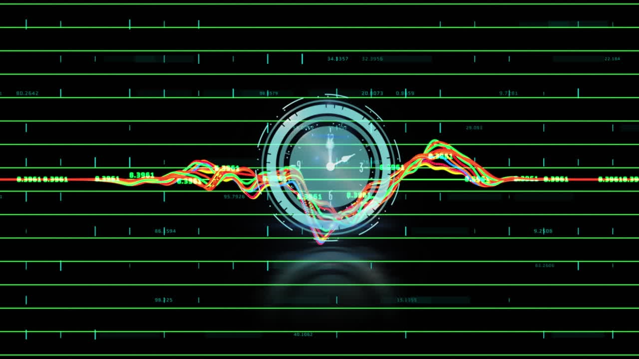 Animation of clock with rotating hands and data processing on colourful line graph