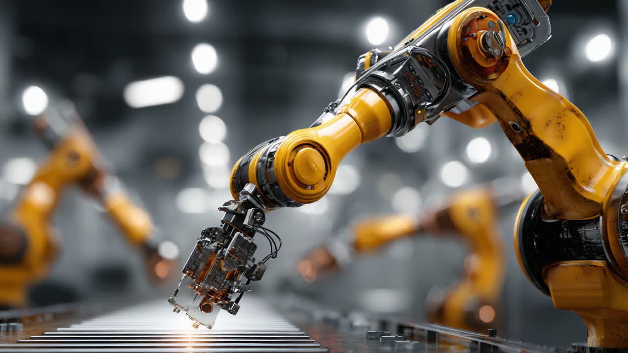 Advanced Robotic Arms in an Automated Manufacturing Setting Showcasing Precision Assembly and High-Efficiency Production Techniques in a Modern Factory Environment