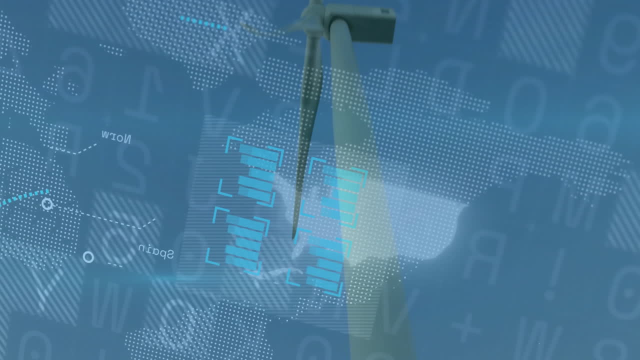 Wind turbine tower and blade blending with digital data visuals showing binary numbers and charts