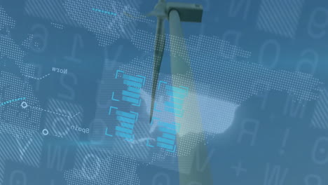 wind turbine tower and blade blending with digital data visuals showing binary numbers and charts