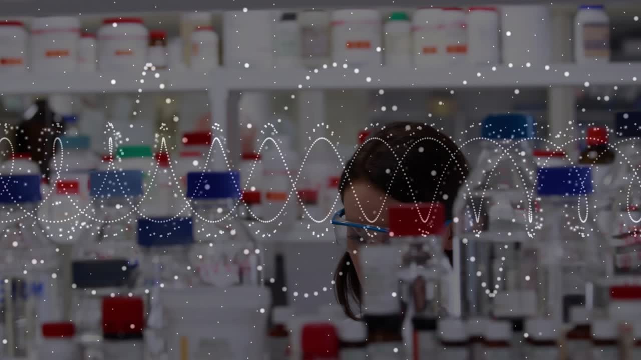 Male entering from left, female inspecting vials at lab bench, consulting while waveform animating
