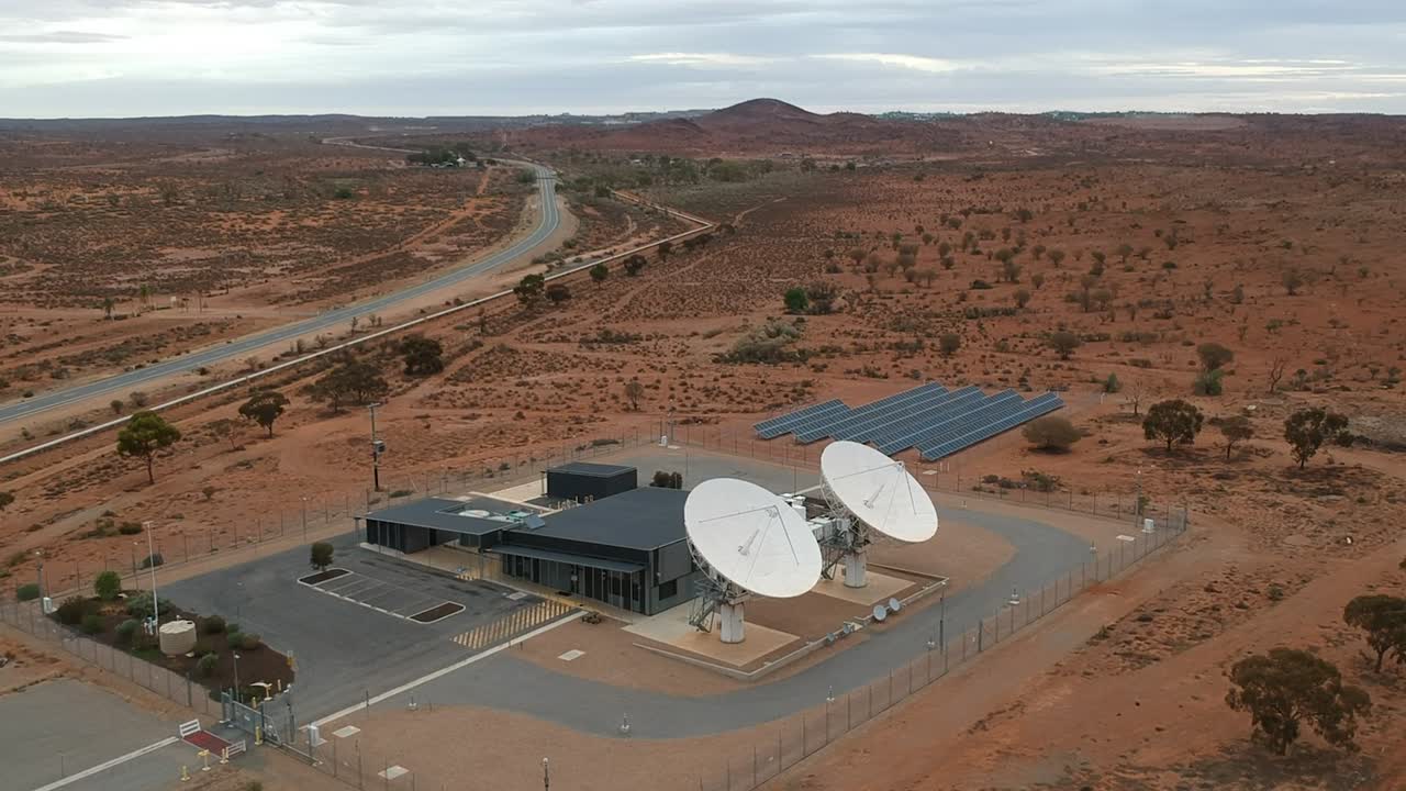 Drone view of satellite dishes in outback Australia